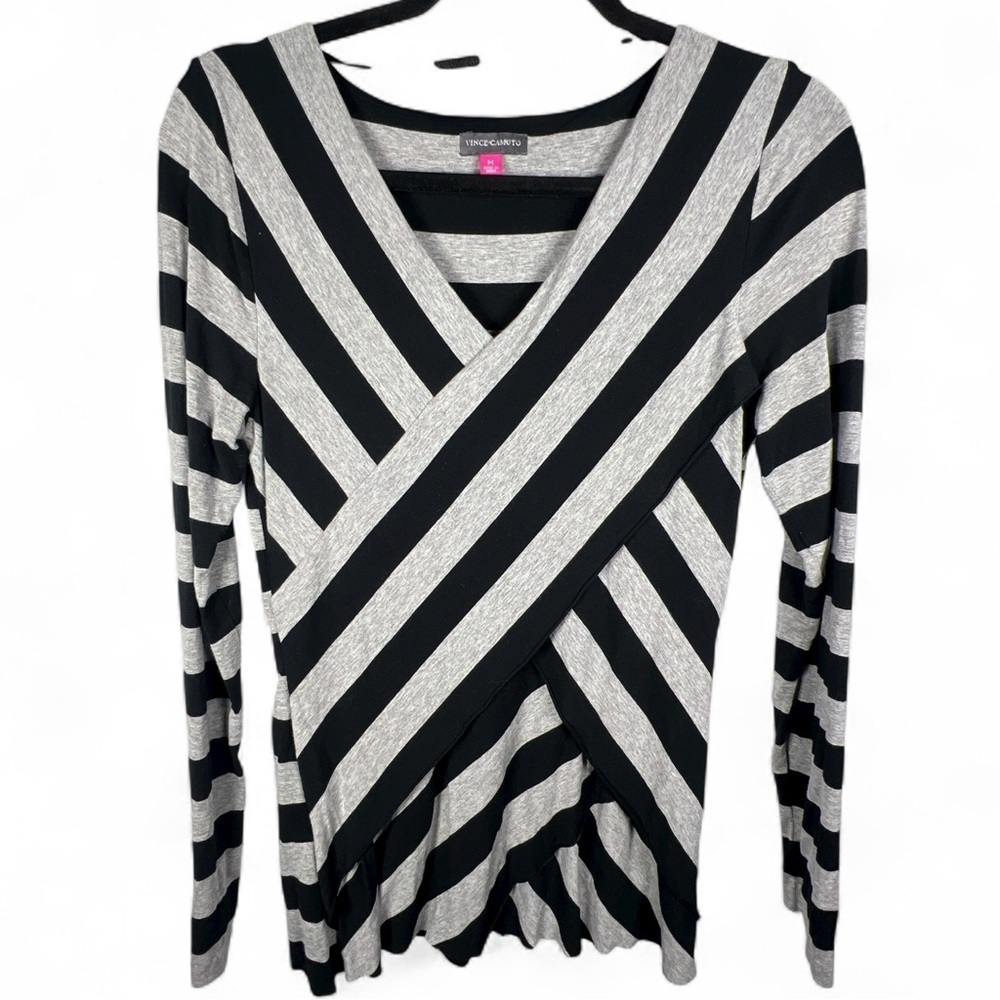 Vince Camuto striped long-sleeve top with a crossover V-neck design Size M